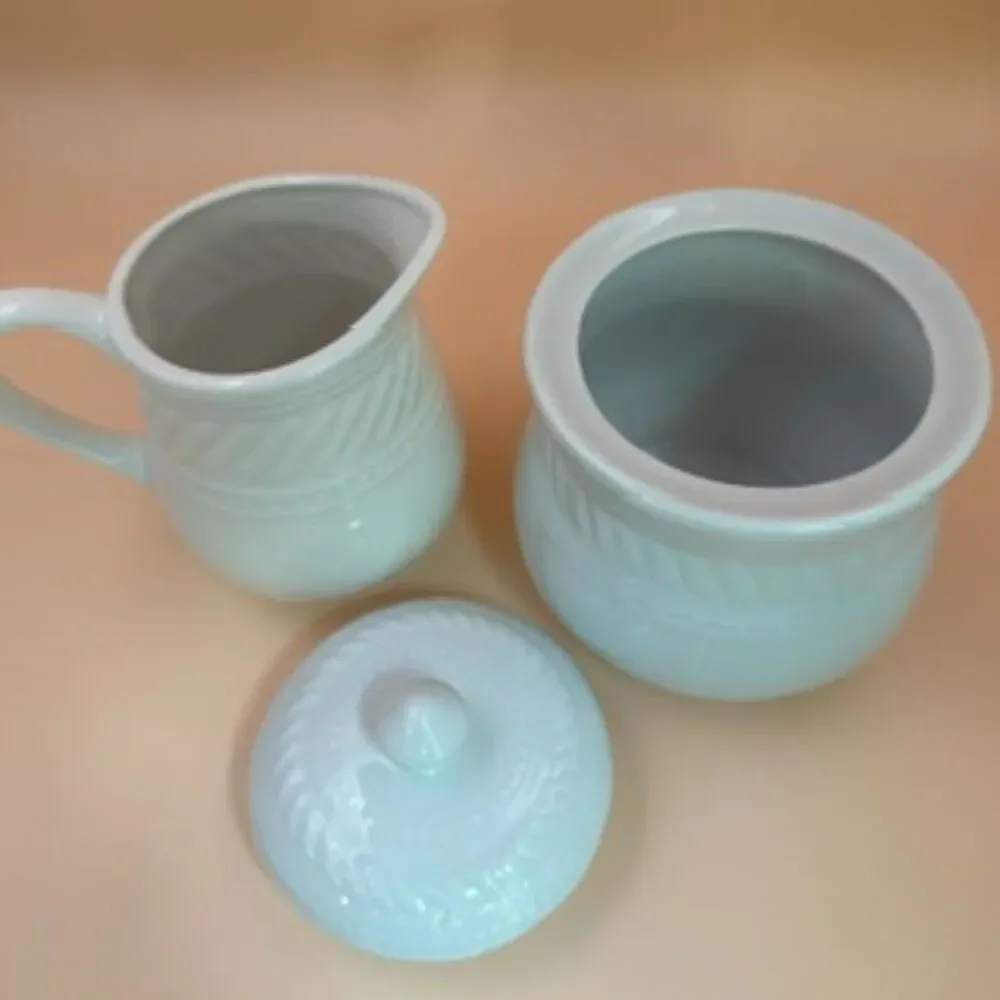 Gibson Imperial Braid White Creamer & Covered Sugar Bowl Set Vintage Farmhouse